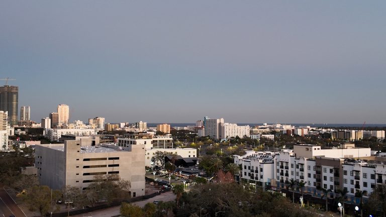 Aerial view of downtown St. Petersburg, Florida at dusk