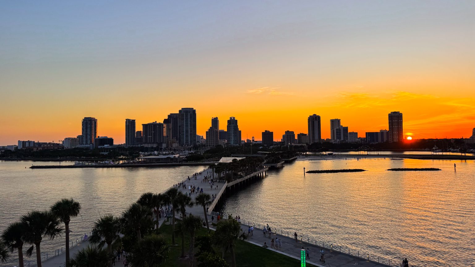 The St. Petersburg Pier and downtown skyline at sunset, home base of New Society Media