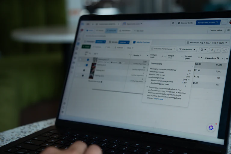 Meta Ads Manager showing conversions, cost per result and landing page views for a campaign