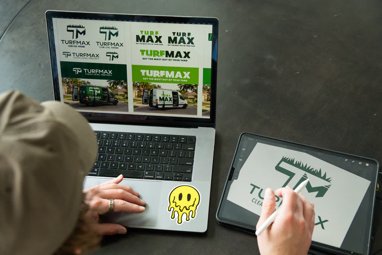 TurfMax brand identity on a laptop with the logo being refined on an iPad